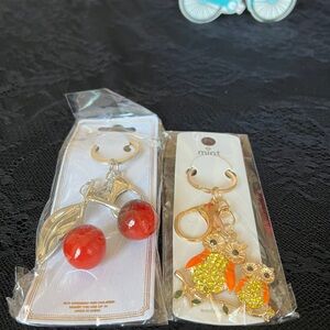 Mint Red Cherry and Gold Owl Keychain Duo